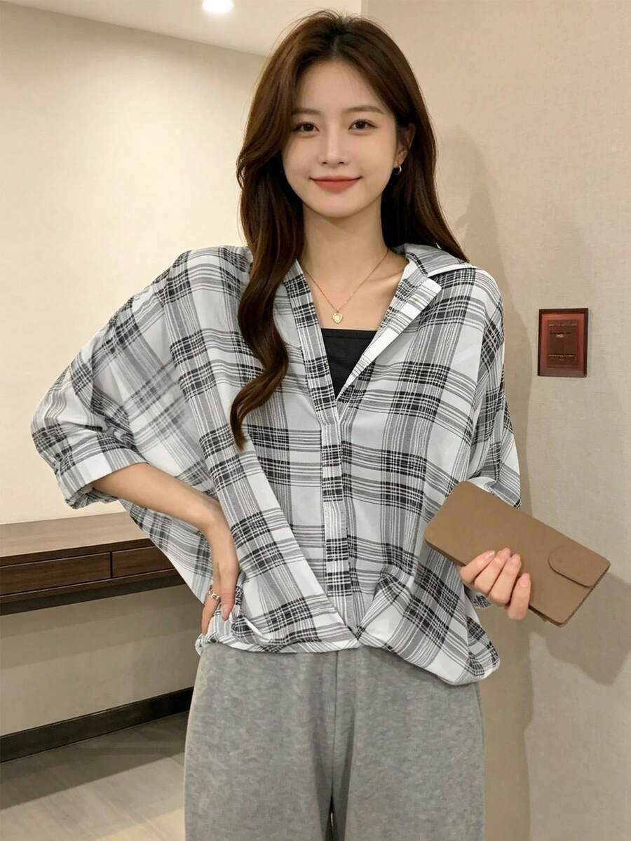 2pcs/Set Women's Spring/Summer New Short Shirt & Camisole Top, Loose Sun Protection Blouse, Plaid Thin Semi-Sheer Chiffon White - White - View 1
