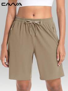 Cavva Women's Quick-Dry 5" Lightweight Breathable Elastic Waist Drawstring 3 Zipper Pockets Outdoor Hiking Casual Shorts (Runs Large, Recommend Sizing Down) - Khaki - View 6