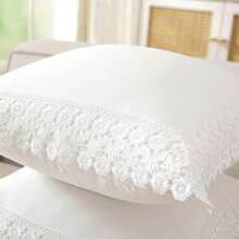 ABEST6522 Home&Living store 1pc 100% Polyester Lace Trim Pillow Case, Faux Linen Texture Solid Color Cushion Cover, Square Rectangle Suitable For Sofa, Bedroom, Living Room Home Decor, Pillow Insert Not Included - White - View 1