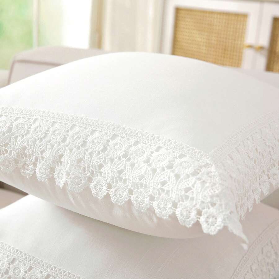 ABEST6522 Home&Living store 1pc 100% Polyester Lace Trim Pillow Case, Faux Linen Texture Solid Color Cushion Cover, Square Rectangle Suitable For Sofa, Bedroom, Living Room Home Decor, Pillow Insert Not Included - White - View 1