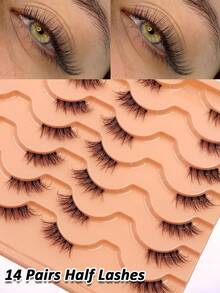 14 Pairs Half-Length False Eyelashes, Natural Soft Fluffy Faux Mink Lashes, Transparent Stem, Criss-Cross Style, Outer Corner Lashes, Suitable For Daily Makeup, Beginner-Friendly - Black - View 1