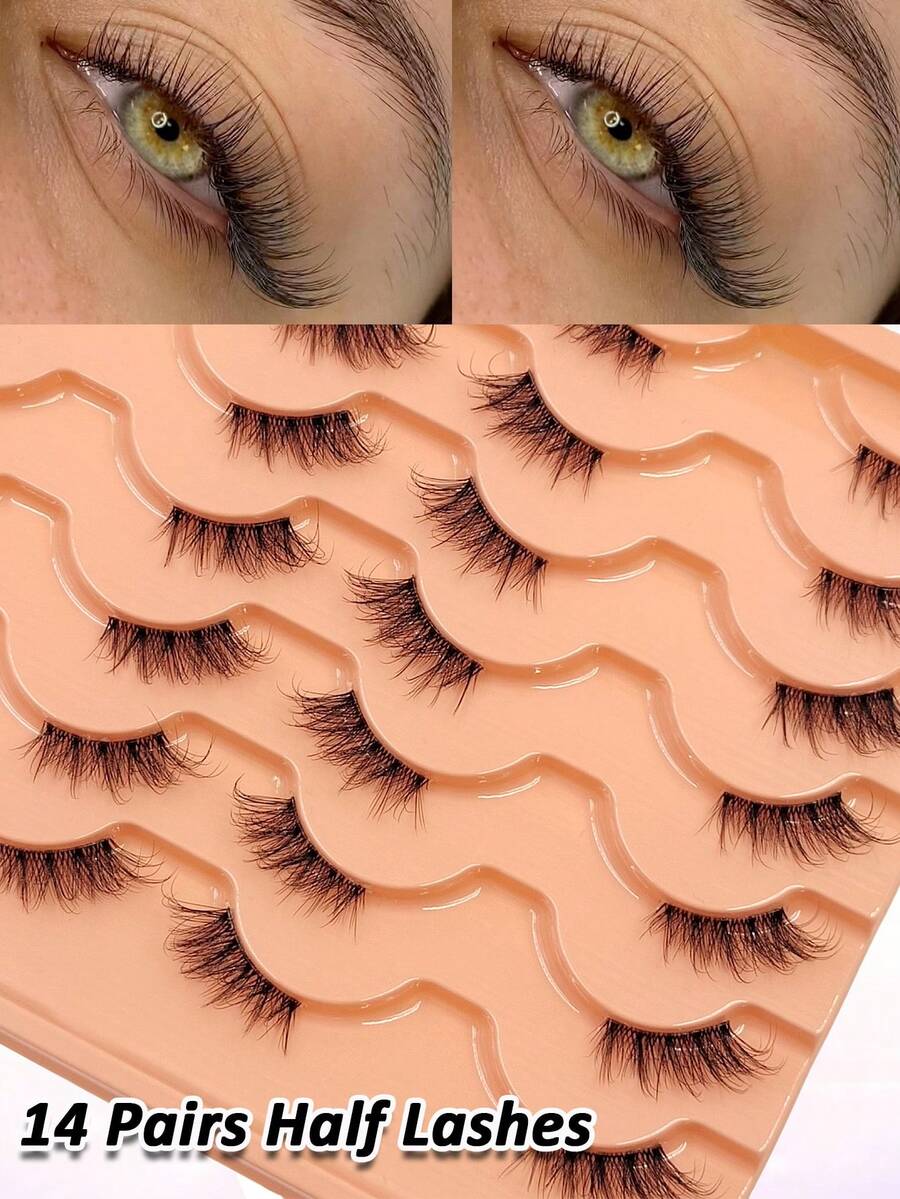 14 Pairs Half-Length False Eyelashes, Natural Soft Fluffy Faux Mink Lashes, Transparent Stem, Criss-Cross Style, Outer Corner Lashes, Suitable For Daily Makeup, Beginner-Friendly - Black - View 1