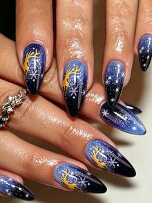 24PCS Christmas Press On Nails, Medium Almond Fake Nails, Blue Black Gradient Starry Sky Design With Golden Deer & Snowflake, Glossy Reusable False Nail Tips For Holiday Party Decoration - Multicolor - View 1