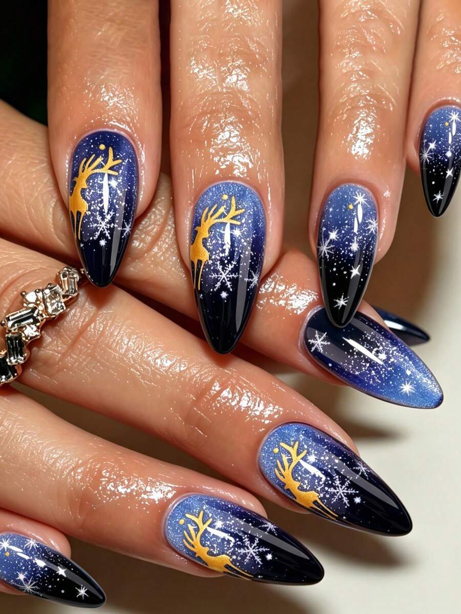 24PCS Christmas Press On Nails, Medium Almond Fake Nails, Blue Black Gradient Starry Sky Design With Golden Deer & Snowflake, Glossy Reusable False Nail Tips For Holiday Party Decoration - Multicolor - View 1
