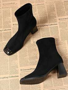 French Style Steel Toe Thick Heel Ankle Boots For Women, 2026 Autumn/Winter New Sexy Square Toe Slim Fit Elastic Ankle Boots - Black - View 6