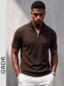 Men's Summer Half-Zip Solid Color Knit Polo Shirt, Suitable For Summer Outings, Essential For Fashionable Styling - Brown - View 2