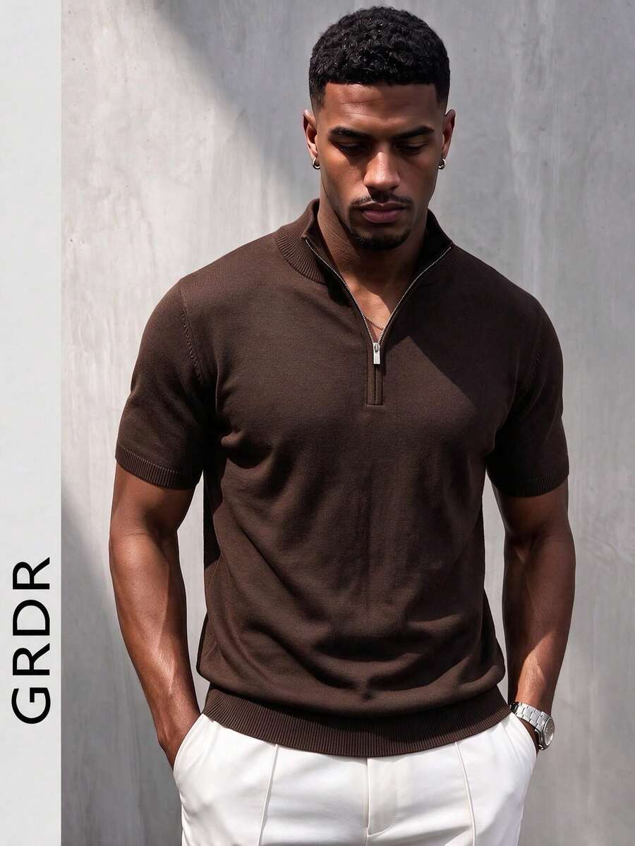 Men's Summer Half-Zip Solid Color Knit Polo Shirt, Suitable For Summer Outings, Essential For Fashionable Styling