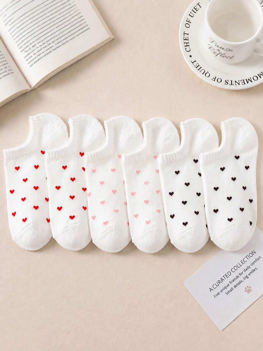 3/6/12 Pairs Women's Random Small Heart Solid Color Fashion Minimalist Low-Cut Invisible Spring/Summer Boat Socks, Soft Comfortable Breathable Versatile Preppy Style Cute Casual Suitable For Daily Use - Multicolor - View 1