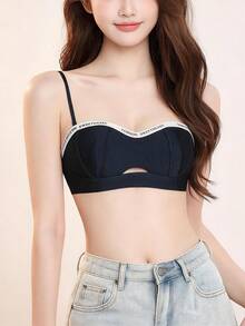 Elisvara Bra Wanita Tipis Tanpa Kawat dengan Motif Huruf Hitam, Nyaman, Bernapas, dan Tanpa Jahitan - Hitam - View 3