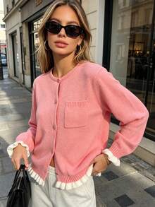 Women's Casual Bow Button Patchwork Contrast Color Pocket Knit Cardigan, Autumn/Winter - Pink - View 10