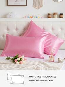 2pcs Set Premium Silky Satin Envelope Pillowcases, Soft And Breathable, Wrinkle-Resistant, Gentle On Hair And Skin, Improve Sleep Quality, No Pillow Insert, Machine Washable, Pink - Pink - View 2
