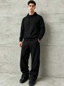 HEYKESON Men's Casual 2 Pieces Set, Curved Contrast Stitch Hooded Sweatshirt With Drawstring Hood And Wide Leg Elastic Waist Sweatpants, Daily Streetwear Outfit - Black - View 1