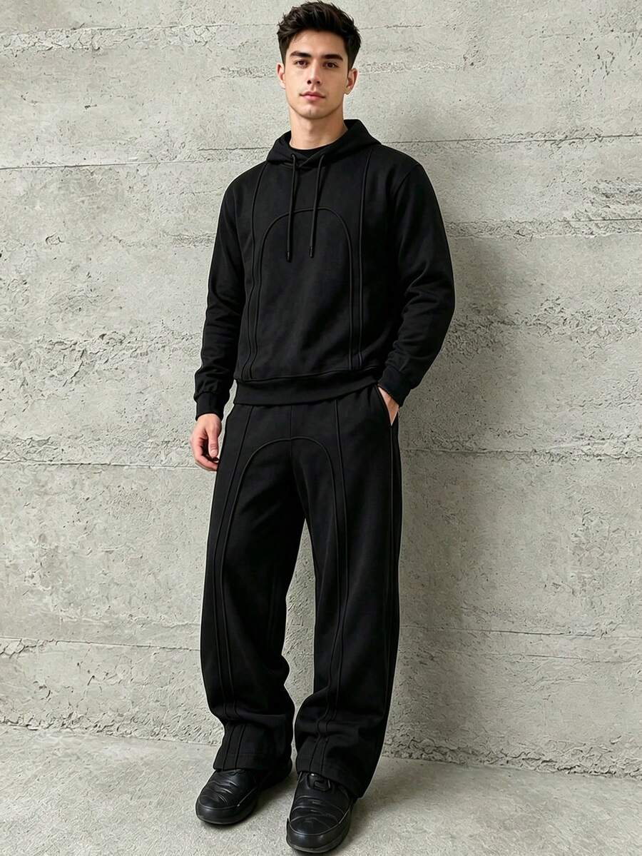 HEYKESON Men's Casual 2 Pieces Set, Curved Contrast Stitch Hooded Sweatshirt With Drawstring Hood And Wide Leg Elastic Waist Sweatpants, Daily Streetwear Outfit - Black - View 1