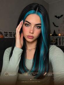 22 Inch Black With Peacock Blue Face-Framing Highlight High-Layered Synthetic Wig, Middle Part Straight Mid-Length, Suitable For Halloween, Cosplay, Daily Party - Multicolor - View 1