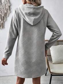 Women's Casual Lazy Style Rhombus Embossed Fabric Hooded Sweatshirt Dress, Drawstring Loose Drop Shoulder Long Sleeve Mid-Length Pullover Sweatshirt Dress - Grey - View 2