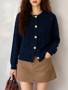 Women's Autumn/Winter Casual Vintage Cable Knit Contrast Color Button Round Neck Cardigan Sweater - Navy Blue - View 3