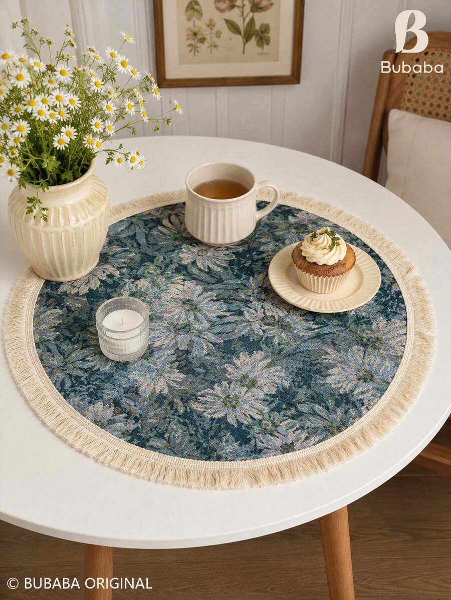 Vintage Blue Floral Round Tablecloth With Fringe, Woven Polyester Cotton Table Cover For Dining Table, Coffee Table, Side Table & Home Decor - Blue - View 1