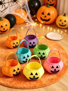 5/3/1pc Felt Jack-O'-Lantern Halloween Storage Basket With Handle, Neon Solid Color Pumpkin Face Storage Bucket, Reusable Handheld Gift Bag, Halloween Party Favor Autumn Holiday Decoration Halloween Accessory - Multicolor - View 4