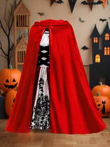 Tween Girls 2pcs Set Vintage Princess Dress & Cape With Ribbon, Velvet, Printed Satin Patchwork, Suitable For Halloween Party, Ball, Without Headband - Multicolor - View 7