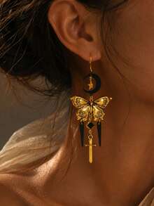 1 Pair Fashion Vintage Exquisite Distressed Star & Moon Textured Butterfly Rhombus Dangle Long Tassel Earrings For Women, Suitable For Daily Commute, Vacation, Party, Banquet - Gold - View 5