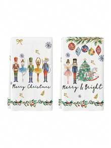 2pcs Christmas Nutcracker Ballet Girl Pattern Kitchen Towels, Dishcloths And Face Cloths, Christmas Tree And Snowball Print, Absorbent Cleaning And Drying Cloth, Holiday Kitchen And Dining Table Decor, Suitable For Kitchen, Dining Room And Bathroom - Green - View 9