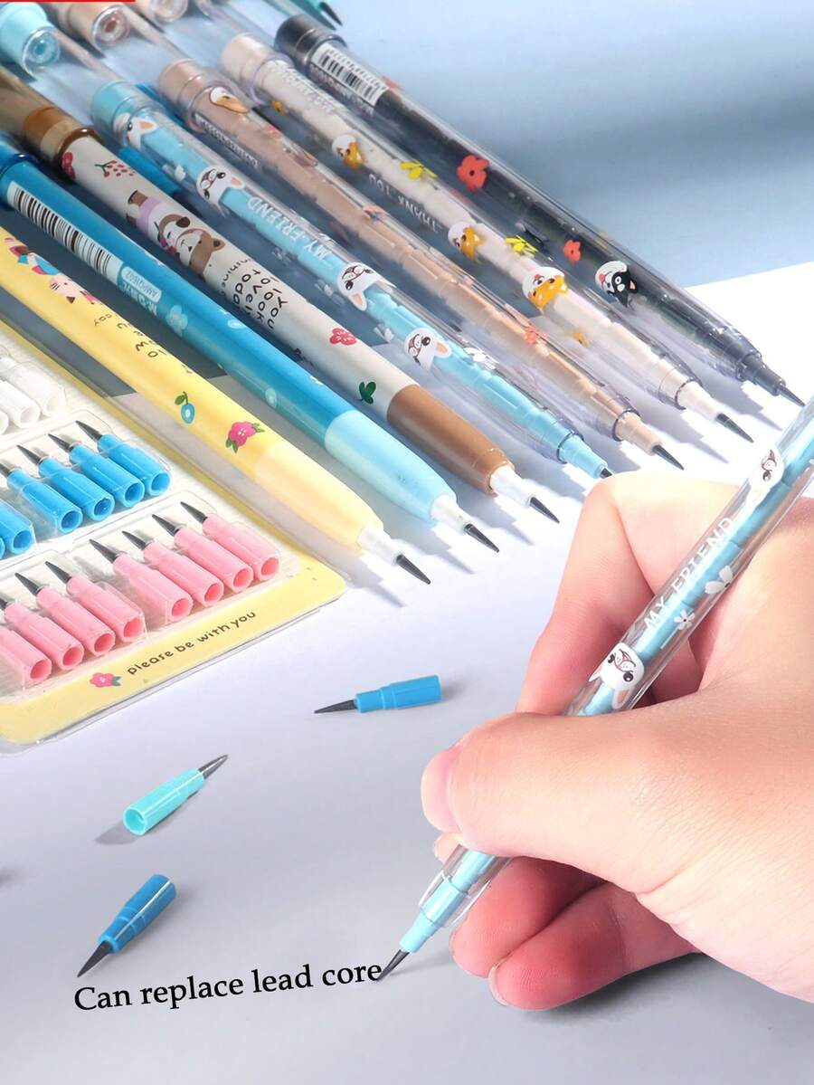 Cute Dog Non-Sharpening Mechanical Pencil Set, 4pcs Stackable HB Pencils With Eraser + 96 Refill Cores For School Student