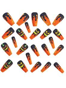 24PCS Halloween Press On Nails, Long Coffin Fake Nails, Matte Black And Orange Glitter Design With Pumpkin Face & Drip Pattern, Reusable False Nail Tips For Halloween Party Decoration - Multicolor - View 3