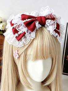 1件紅色緞面蝴蝶結蕾絲寬版髮箍，優雅日系蘿莉塔風時尚Cosplay女性髮飾 - 紅色 - 查看 4