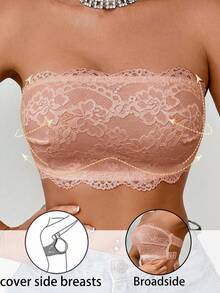 Women's Bandeau Lace Bra, Wireless Cross Back Support, Anti-Slip Side Support, Adjustable Buckle, No Padding Bandeau Bra, Suitable For Matching With Dresses And Tops - Champagne - View 3
