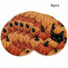 1/4/6pcs Autumn Collection Black Cat In Pumpkin Pile Hand-Painted Pattern Placemats, Polyester Fiber, Suitable For Home Kitchen Table Decoration And Party Scene Decor - Multicolor - View 13
