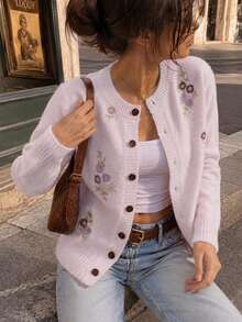 Cardigan Rajut Motif Bunga Merah Muda untuk Wanita, Sweater Kancing Depan Motif Bunga Ungu, Atasan Lengan Panjang Lembut untuk Pakaian Musim Semi dan Gugur - Mauve Purple - View 3
