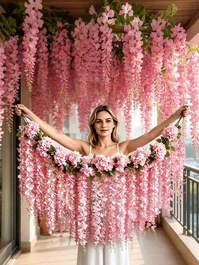 60/30/10pcs High-End Artificial Pink Wisteria, Dense Pink Faux Wisteria Vine Hanging Strands Fiber, Artificial Wisteria Vines, Outdoor Artificial Flowers, Holiday Decoration, Vine Decoration, Home Decoration, Outdoor Decoration, Yard Garden Decoration, Suitable For Wedding Decoration, Hotel, Party, Garden Party, Yard, Etc., Suitable For Various Indoor And Outdoor Decoration, All Seasons, Durable And Elegant