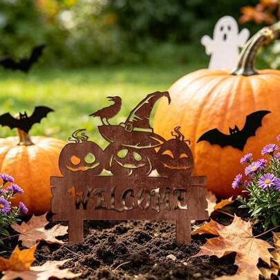 1 Buah Papan Tanda Taman Logam Halloween, Warna Karat SELAMAT DATANG Lengkungan Dekorasi Halaman Rumput Hiasan Besi Seni