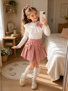 Girls Sweet Bow 2 Pieces Set, Ruffle Ribbed Long Sleeve Base Layer + Double Bow Corduroy Pleated Skirt, Soft Skin-Friendly Fabric, Gentle Spring/Autumn Outfit For Young Girl - Multicolor - View 5
