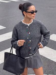 Women's Soft Plush Cardigan Sweater, Round Neck Colorful Button Knit Top, Suitable For Christmas, Halloween, Thanksgiving - Dark Grey - View 7