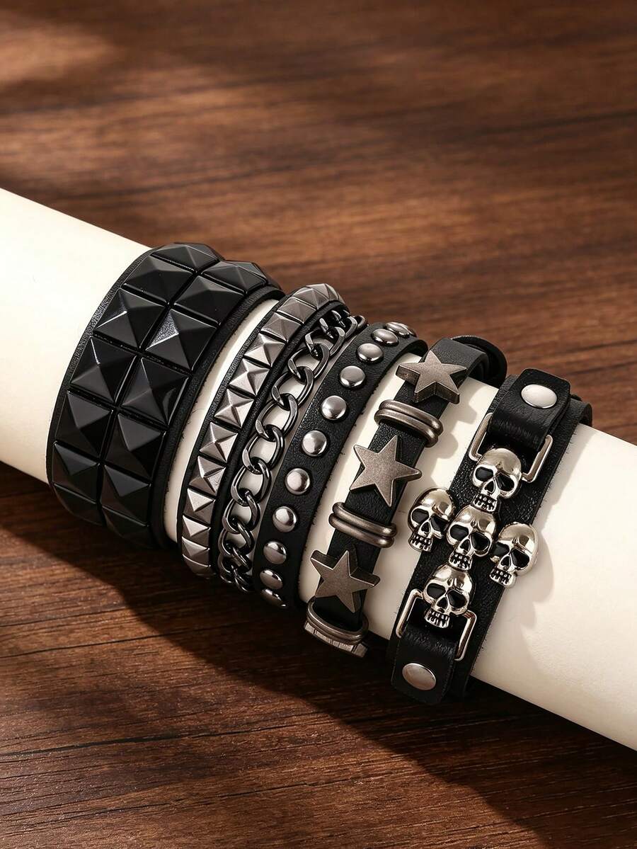 1/4/8pcs PU Leather Studded Punk Bracelets For Men Women Gothic Skull Rivet Cuff Wristband Adjustable Punk Rock Accessory For Halloween Party,Festival - Multicolor - View 1