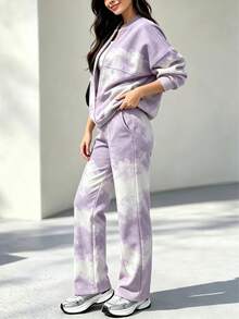 Casual Women's Fashion Commute Set, Comfortable Loose Fit Patchwork Contrast Color Long Sleeve Jacket Top + Straight Leg Pants 2 Pieces Set, Autumn Sports Outfit - Light Purple - View 4