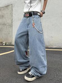 Hearty Haven 1pc American Street Style Embroidered Men's Wide Leg Jeans With Large Pockets, Comfortable Loose Fit, Draped Wash, All Season Long Pants - No Belt And Accessories - Blue - View 7