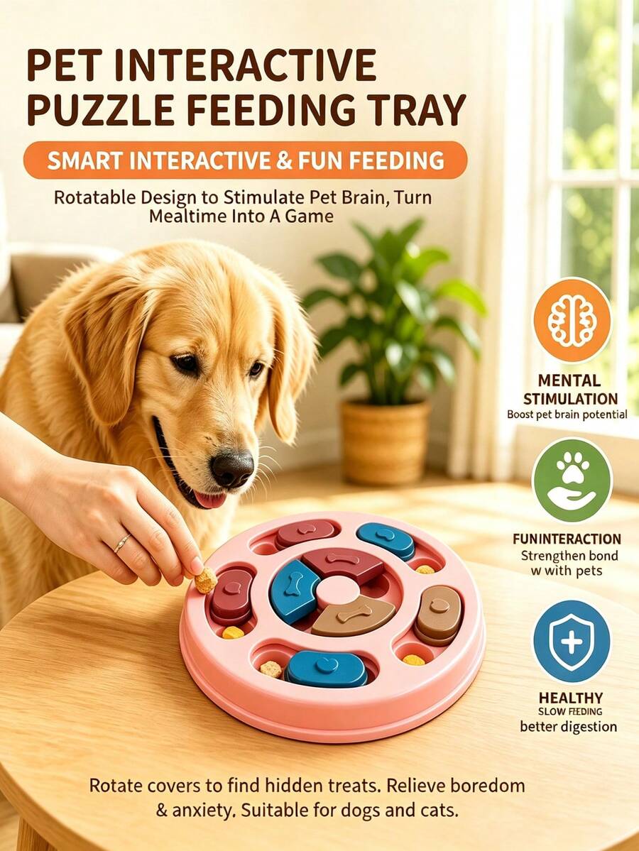 1Pc Rotatable Pet Puzzle Feeder, Multicolor Sliding Cover Dog Slow Feeding Treat Dispensing Toy, Interactive Brain Training Game Bowl For Small Medium Dogs Cats Relieve Boredom - Multicolor - View 1