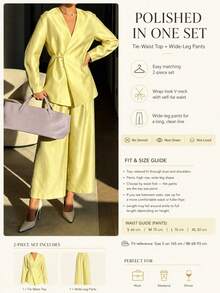 Women's Solid Color Elegant Tie-Neck Long Sleeve Top And Solid Color Long Pants Minimalist Casual 2 Pieces Set Yellow - Yellow - View 6