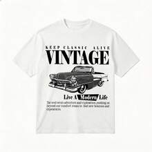 Vintage Retro Car Graphic Tee, Cotton, Crew Neck Short Sleeve Loose Fit, Casual Summer Wear, Breathable Comfort - White - View 2