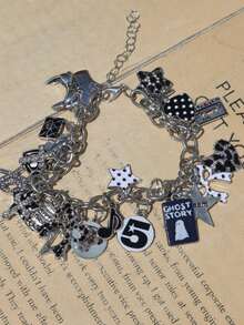 1pc Dark Gothic Charm Bracelet, Polka Dot Star Leopard Print Heart Bracelet, Dark Cherry Ghost Party Bracelet - Black and White - View 8