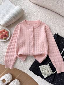 1pc Girls New Vintage Cable Knit Button Cardigan Sweater Jacket, Cute Minimalist Fashion Children's Daily Casual Versatile Long Sleeve Top - Pink - View 3