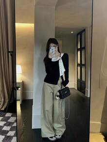 Women's Black Polka Dot Ruffle Collar Long Sleeve T-Shirt, Autumn High-End Slim Fit Split Hem Flattering Versatile Top - Black - View 2