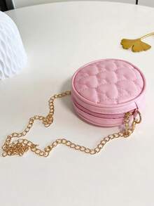 1pc Zipper Closure PU Leather Embroidered Heart Children's Shoulder Bag, Solid Color Embroidered Chain Small Round Bag For Girls - A - View 8