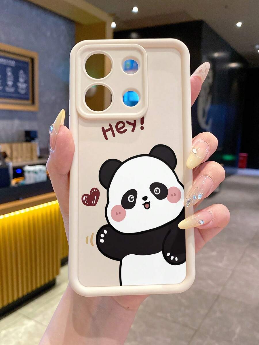 1pc Fashion Pure Android TPU Material Greeting Panda Element Pattern Lens Protection Thick Anti-Drop Anti-Fingerprint Beige Diamond Sand Phone Case Compatible With Samsung/Transsion/HONOR/ - Beige - View 1