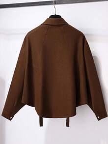 Atasan Wanita Lengan Panjang Longgar Kasual Model Baru Musim Gugur Model Shacket Warna Cokelat Kopi - Coffee Brown - View 4