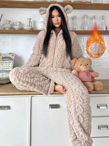 1pc Women's Hooded Fluffy Jumpsuit With Ears, Heart Pattern, Solid Color, Cute, Comfortable, Warm, Suitable For Autumn/Winter, Cozy Outfits - Camel - View 1