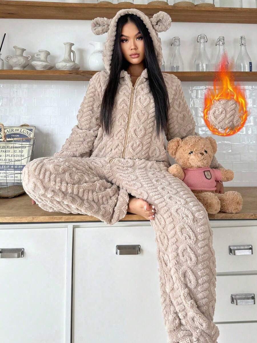 1pc Women's Hooded Fluffy Jumpsuit With Ears, Heart Pattern, Solid Color, Cute, Comfortable, Warm, Suitable For Autumn/Winter, Cozy Outfits - Camel - View 1
