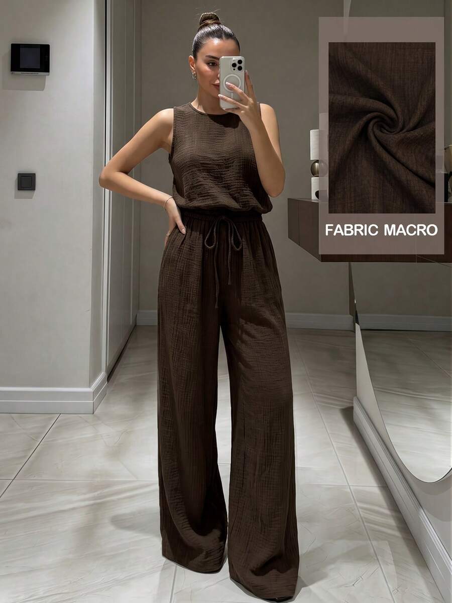 Women's Sleeveless Pleated Drawstring Wide Leg Pants 2 Pieces Set, Dark Coffee Color, Minimalist Relaxed Fit For Daily And Commute Wear, Spring/Summer Elegant - Dark Brown - View 1